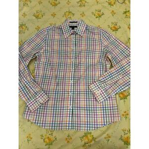 Lands End No Iron Pinpoint Oxford Shirt Womens 8 Rainbow Tattersall Check Blouse